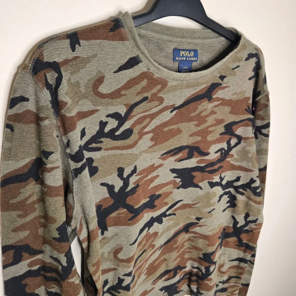 Polo Ralph Lauren Mens Camo Waffle Knit Thermal Long Sleeve Shirt Green Brown L